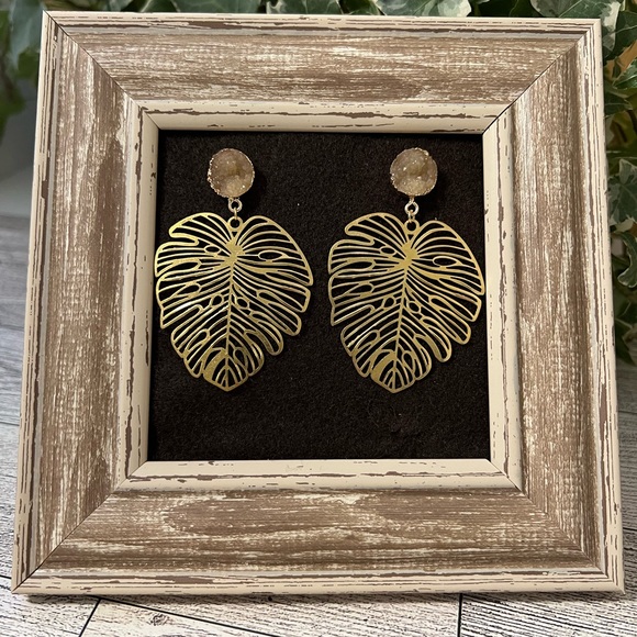 Elegant Gold Monstera Leaf Dangle Earrings - Trendy Boho Chic Leaf Earrings - Picture 15 of 16